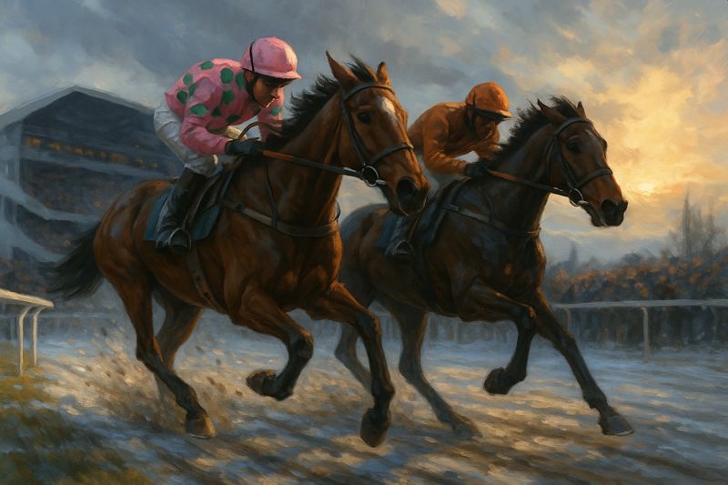horses racing in painting style dark and winter